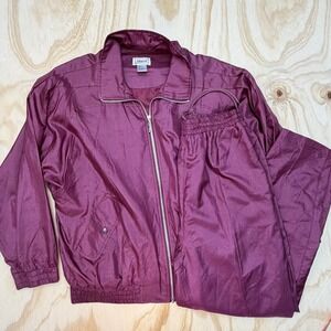 Janeve Vintage 90s Silk Tracksuit Burgundy Full Zip Jacket Pants Set Medium